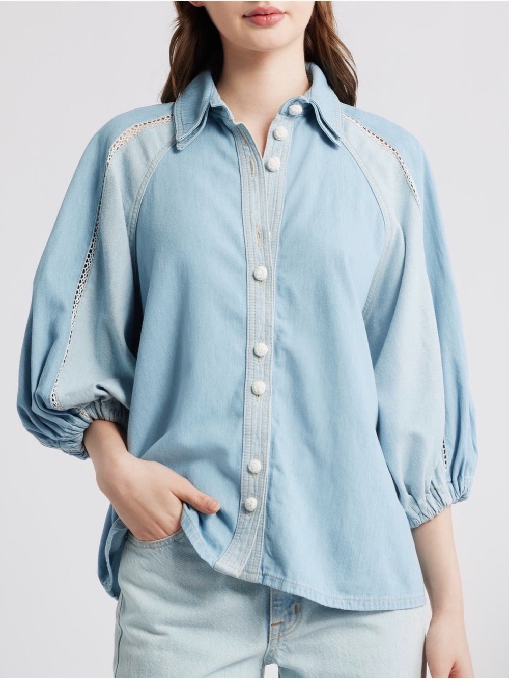 FARM Rio Light Blue Denim Balloon-Sleeve Shirt (missing 2 buttons) it’s oversize